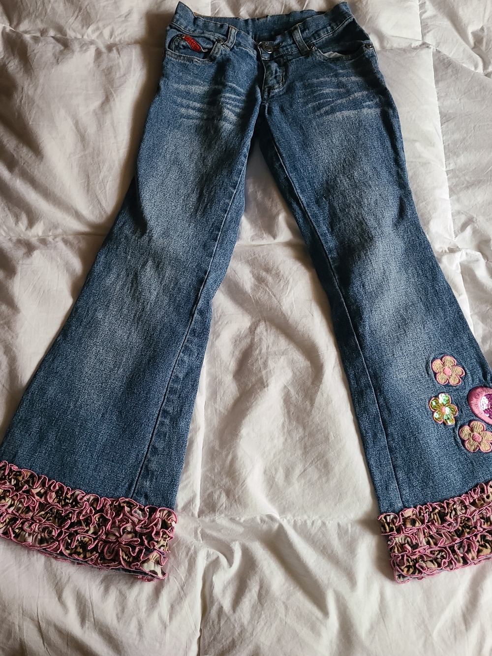Lipstick Boutique Blue Jeans with Pink Ruffle leopard Print Hem